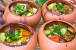 Meat baked with vegetables in rustic clay pot Meat baked with vegetables in rustic clay pot