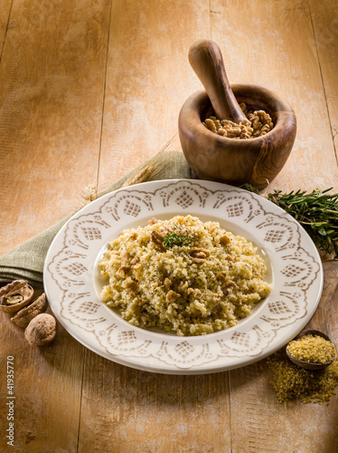 Photo: bulgur with nuts and herbs, vegetarian food bulgur with nuts and herbs, vegetarian food
