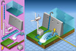 Vector: Isometric watermill and wind turbine in production of energy Isometric watermill and wind turbine in production of energy