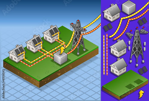 Vector: Isometric houses with solar panels in production of energy Isometric houses with solar panels in production of energy
