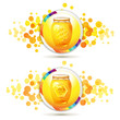 Glass jar with honey over design shape background