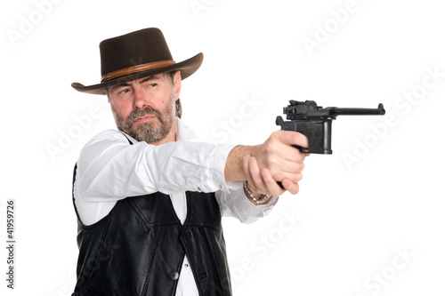 Photo: Man in stetson shot from pistol Man in stetson shot from pistol