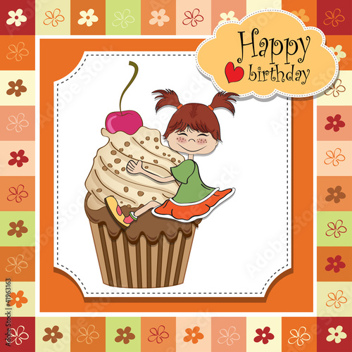 Vector: birthday card with funny girl perched on cupcake birthday card with funny girl perched on cupcake