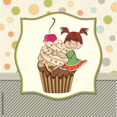 Vector: birthday card with funny girl perched on cupcake birthday card with funny girl perched on cupcake