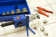 Installation of plastic pipes welder machine and hydraulic tools