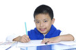 A shot of an asian kid studying at home