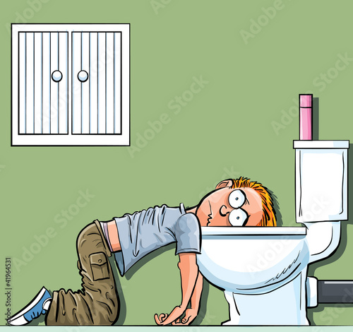 Illustration: Cartoon teen boy sick in the toilet. Wishing he was dead Cartoon teen boy sick in the toilet. Wishing he was dead