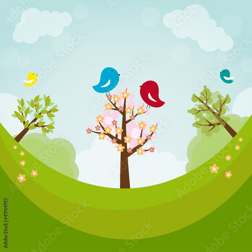 Vector: Cartoon earth with trees and birds Cartoon earth with trees and birds