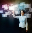 woman pushing virtual button in web interface woman pushing virtual button in web interface