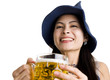 beautiful asian with hat and beer