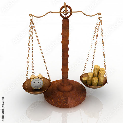 Illustration: concept time is money, clock and money on scales. concept time is money, clock and money on scales.