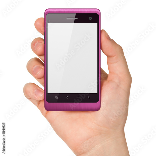 Illustration: Hand holding smartphone on white background. Generic mobile smar Hand holding smartphone on white background. Generic mobile smar