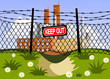 Factory and wire fence with barbed wires. Hole under the fence