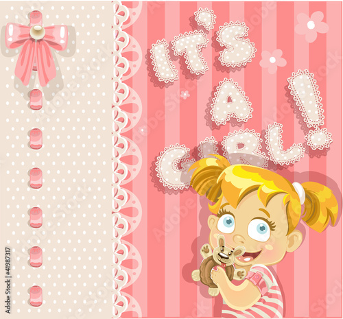 Vector: It`s a girl - pink lovely announcement card It`s a girl - pink lovely announcement card