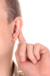 Human ear and hand close-up isolated on white
