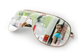 Smiling tourist girl in bus in sunglasses
