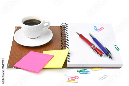 Illustration: office supplies and coffee cup isolated on white background office supplies and coffee cup isolated on white background