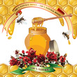Jar of honey with wooden dipper, bees, ribbons and roses