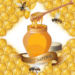 Jar of honey with wooden dipper, bees and ribbon