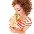 Fun woman with sandwich on the white background