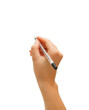 Hand and pen. On a white background.
