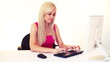Vídeo: young blonde woman working with computer in white modern office young blonde woman working with computer in white modern office