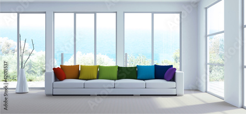 Illustration: Sofa mit Regenbogen Kissen in Strandvilla Sofa mit Regenbogen Kissen in Strandvilla