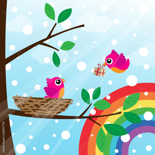 Vektor: Christmas birds couple with rainbow Christmas birds couple with rainbow
