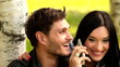 canvas print picture portrait young beautiful happy couple man woman talking phone
