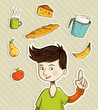 Vektor: Cartoon teenager shows healthy food Cartoon teenager shows healthy food