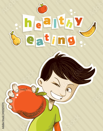 Vektor: Happy teenager present healthy food Happy teenager present healthy food