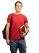 portrait of young student holding book and carrying backpack ove