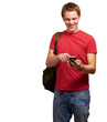 portrait of young man touching mobile screen over white backgrou