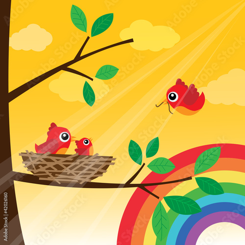 Vektor: Loving bird feeding with rainbow Loving bird feeding with rainbow