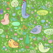 Seamless pattern with birds, trees and flowers