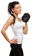 Photo : portrait of a young pretty woman holding weights and doing fitne portrait of a young pretty woman holding weights and doing fitne