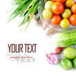 Tomatos, chives garlic, onion and cucumbers on white background