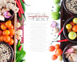 Tomatos, hazelnut, onion, & red chili  on white background