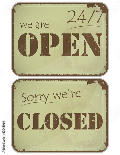 Vector: set of grunge signs: open - closed - 24 hours set of grunge signs: open - closed - 24 hours