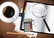 Vettoriale: Open diary and coffee on wooden background Open diary and coffee on wooden background