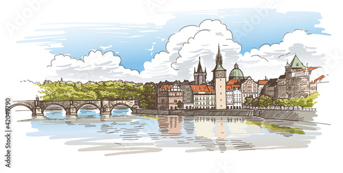 Vektor: Panorama of Prague. View of Charles Bridge and the Vltava river Panorama of Prague. View of Charles Bridge and the Vltava river