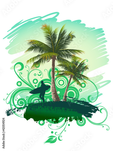 Vector: Tropical background with a surfer and palm trees Tropical background with a surfer and palm trees