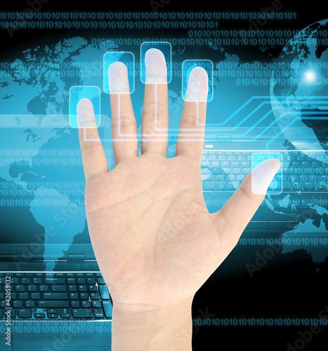 Illustration: businessman scanning of a finger on a touch screen interface businessman scanning of a finger on a touch screen interface