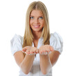 Photo: woman looks at her open palm. woman looks at her open palm.