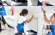 Foto: Montage of handywoman painting at home Montage of handywoman painting at home