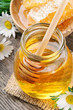 Photo: Glass honey pot and comb Glass honey pot and comb