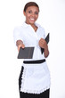 black waitress giving a menu