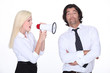 girl with loudspeaker and man