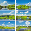 Midday landscapes collection with flood waters of Narew river.