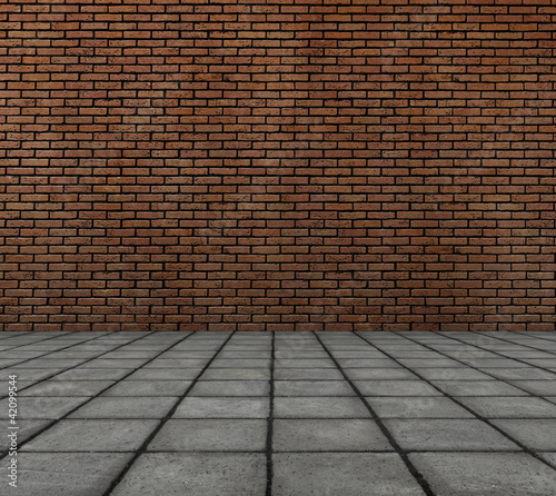 Illustration: frontal 3d render of brick wall with tile pavement frontal 3d render of brick wall with tile pavement